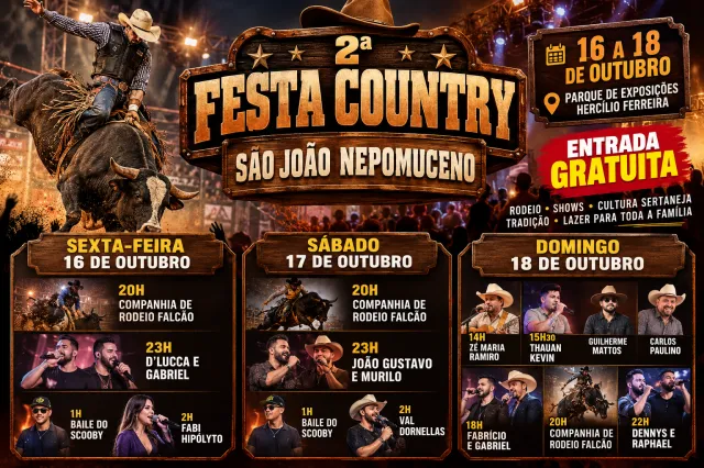FESTA COUNTRY MOVIMENTA SÃO JOÃO NEPOMUCENO COM RODEIO E SHOWS GRATUITOS